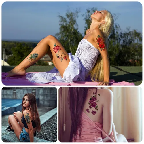 Vista 5 de Tatuajes temporales florales de 21 hojas, diseños brillantes de peonías y rosas en 3D, arte corporal impermeable para mujeres y niñas, calcomanías