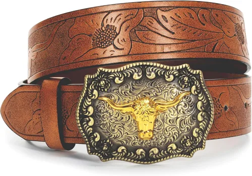Vista 9 de Rodeo Western-Longhorn-Bull Cowboy-Belt para mujeres y hombres, cinturón de piel sintética con relieve floral para jeans