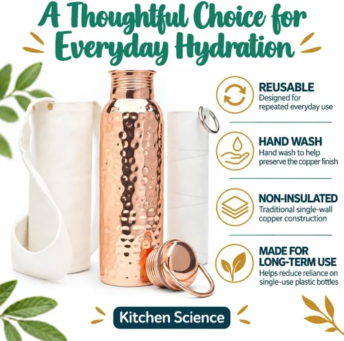 Vista 7 de Kitchen Science Botella de agua de cobre ayurvédica auténtica con asa (34 oz/1000 ml) Testada en laboratorio, a prueba de fugas Incluye fundas