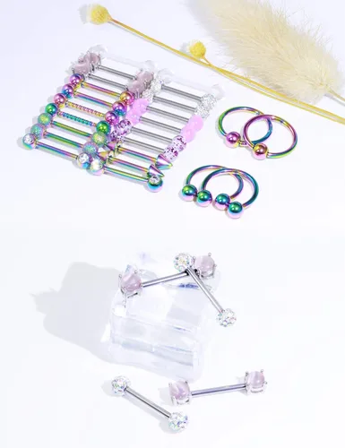 Vista 3 de Oufksiyy 12 pares de anillos para pezón elegante circonita cúbica piercing para pezón de acero inoxidable 316L 14G lengüeta para pezón palo palo