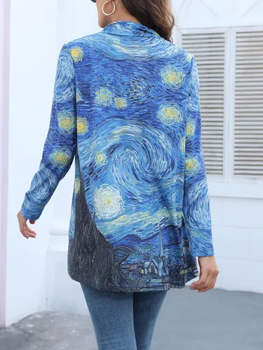 Vista 5 de Camisa de pintura al óleo, regalo de Van Gogh, noche estrellada, cárdigan largo con frente abierto para mujer, ropa de manga larga, suéter ligero