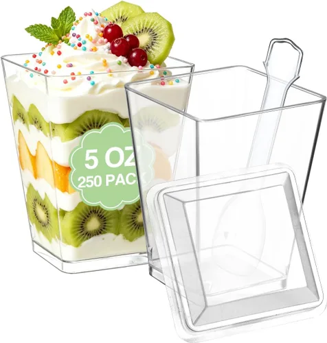 Vista 8 de SHOPDAY Vasos de postre de plástico de 5 oz: paquete de 30 vasos cuadrados transparentes con cucharas, pequeños vasos de parfait, mini vasos