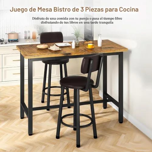 Vista 5 de Juego de mesa de bar y sillas de 3 piezas para 2, juego de comedor rectangular de altura de mostrador, mesa de bar y taburetes para 2, juego