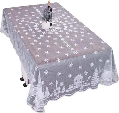Vista 5 de mookaitedecor Mantel de encaje de poliéster de 83 a 84 pulgadas, mantel rectangular de copos de nieve blancos para Navidad, Acción de Gracias