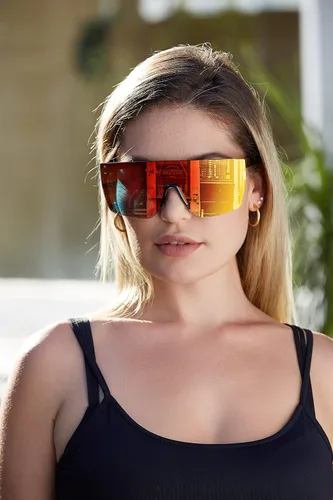 Vista 2 de FEISEDY Gafas de sol sin montura de gran tamaño con espejo para mujeres y hombres, con parte superior plana, escudo cuadrado UV400 B2761, 70mm