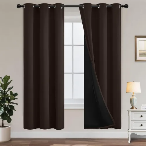 Vista 34 de Yakamok Cortinas 100% opacas para dormitorio, 63 pulgadas de largo, cortinas de bloqueo de luz total con respaldo negro, paneles de ojales sólidos