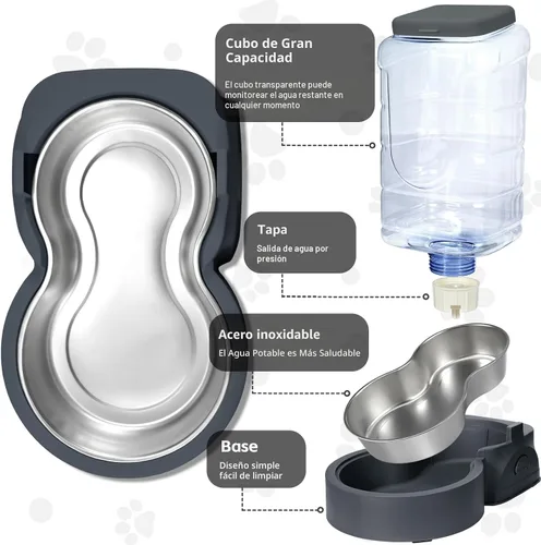 Vista 3 de Comedero y dispensador de agua automático para gatos con cuenco de acero inoxidable, comedero por gravedad para perros y bebedero para mascotas