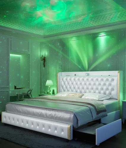Vista 10 de GEGOFORU Base de cama Queen con luces LED y proyector de galaxia, moderna plataforma con respaldo alado con 4 cajones de almacenamiento, puertos
