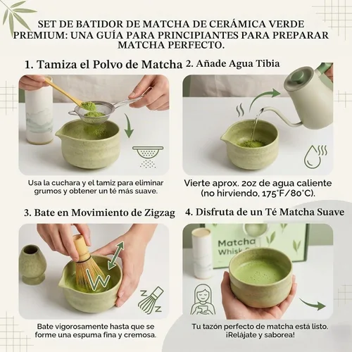 Vista 4 de Juego de 7 batidores de matcha, kit de cerámica con cuenco, batidor y soporte de bambú, cuchara de bambú, tamiz y toalla de té, juego de regalo