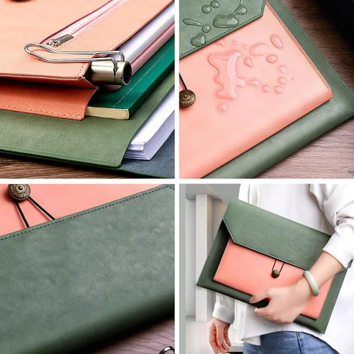 Vista 4 de Carpeta de archivos A4 de cuero de la PU Portafolio de la carpeta del sobre con 2 compartimentos marrón y naranja partido