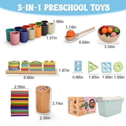 Vista 3 de Juguetes Montessori para niños de 1 a 3 años, juguete educativo de 3 en 1 de madera para habilidades motoras finas, juguete de clasificación