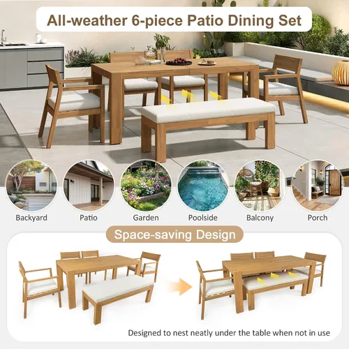 Vista 4 de RUNNA Juego de mesa de comedor de 6 piezas, juegos de muebles de exterior con agujero para paraguas, mesa rectangular de 71 pulgadas, sillas y banco