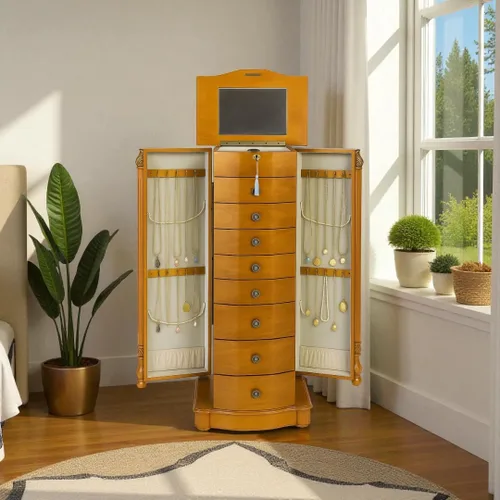 Vista 19 de Hives and Honey Florence Jewelry Armoire - Organizador de almacenamiento de joyas con 8 cajones forrados de fieltro, espejo de tocador, rollos