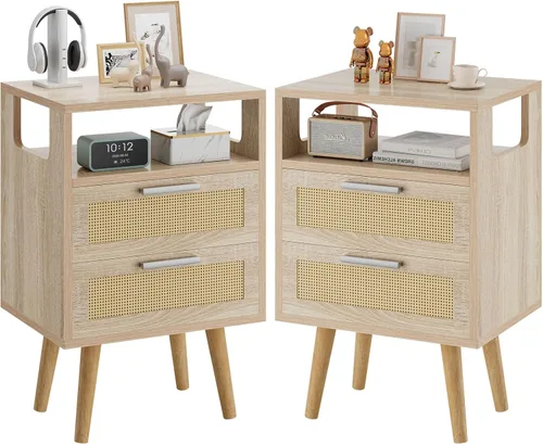 Vista 10 de YMYNY Mesita de noche con 2 cajones, mesa auxiliar bohemia, ratán decorado a mano, estante abierto con diseño arqueado, patas de madera maciza, Negro