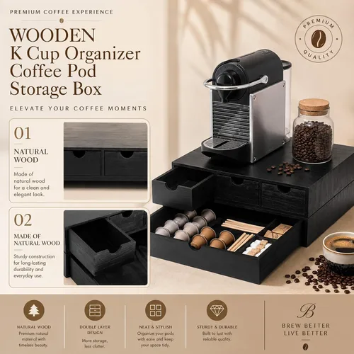 Vista 4 de Caja de té de café con cajón de madera para cápsulas, cuádruple, Negro