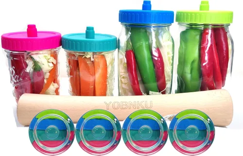 Vista 8 de Kit de fermentación de tarro Mason para tarro Mason de boca ancha con 4 pesos de vidrio y 4 tapas de fermentador, tarros no incluidos (sin libra)