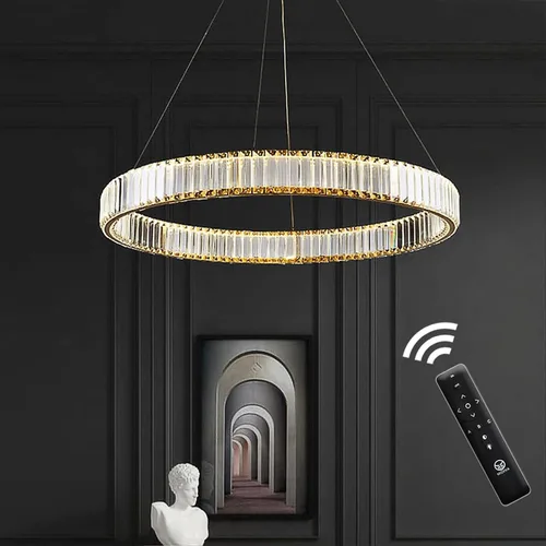 Vista 10 de Candelabros modernos de cristal con control remoto, 3000-6000 K 20 pulgadas, anillo de oro de 20 pulgadas, lámpara LED regulable de cristal redondos