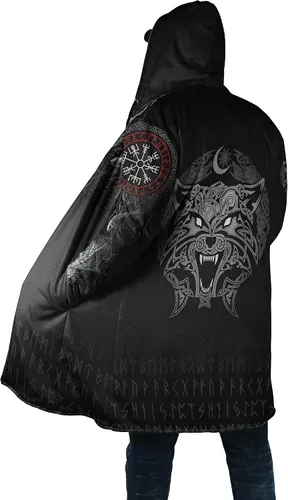 Vista 2 de Vikings - Abrigos con capucha, estampado nórdico de lana de cordero artificial, chaqueta de parka de longitud media para hombre