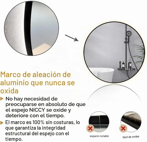 Vista 3 de Niccy Espejos de baño LED redondos, espejo retroiluminado con marco negro