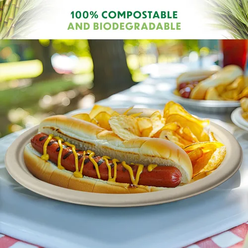Vista 5 de Platos compostables, platos de papel desechables de alta resistencia - [125 unidades] de 9 pulgadas, biodegradables sin blanquear, hechos de bagazo