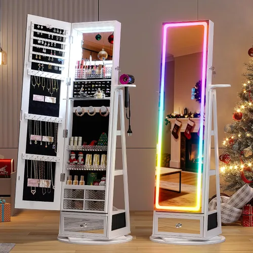 Vista 8 de HWB Armario de almacenamiento de joyas con espejo LED de cuerpo entero, organizadores de joyas giratorios de 360° de pie con estantes y Negro
