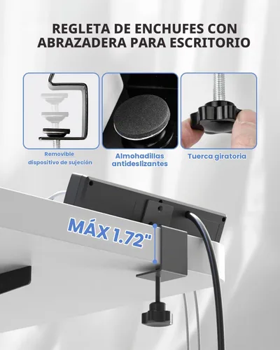 Vista 8 de Regleta de alimentación con abrazadera de escritorio de 6 pies, estación de salida con 3 tomas, carga rápida PD de 20 W, enchufe plano, calibre 14