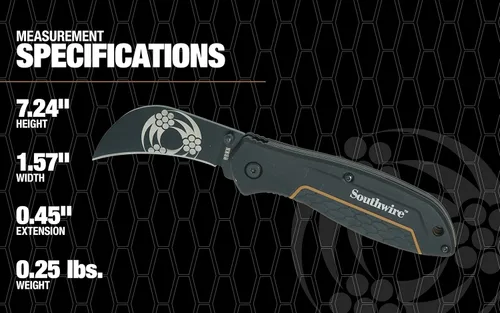 Vista 7 de Southwire Cuchillo plegable Hawkbill - Hoja curvada para cortes de tracción y empalme - Cuerpo de metal resistente - Acero inoxidable - Mango