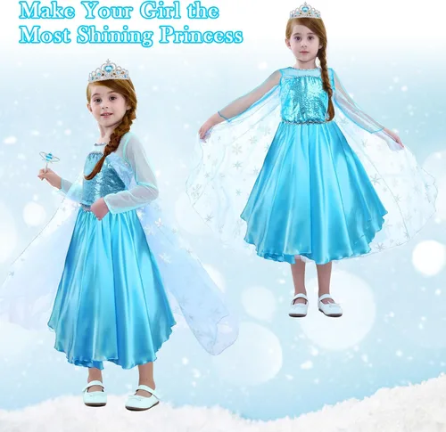 Vista 2 de WOXVM Vestido de princesa Elsa para niñas pequeñas, disfraz de Elsa de lujo para Halloween, cosplay, fiesta de cumpleaños con accesorios
