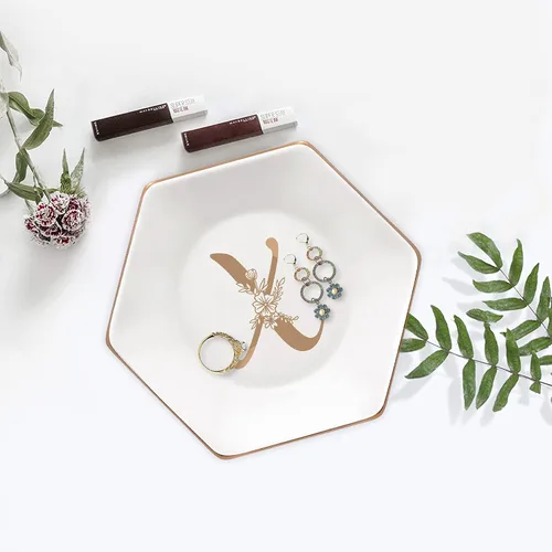 Vista 8 de CARAKNOTS Bandeja de joyería, regalos de Navidad, plato con anillo en X con monograma floral dorado, regalos personalizados para mujeres, plato