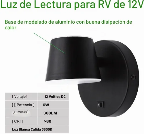 Vista 4 de Luz de Lectura de Cama LED para RV con Interruptor - Paquete de 2, Aplique de Pared para Tocador de 12V para RV con Rotación de 350°, Acabado