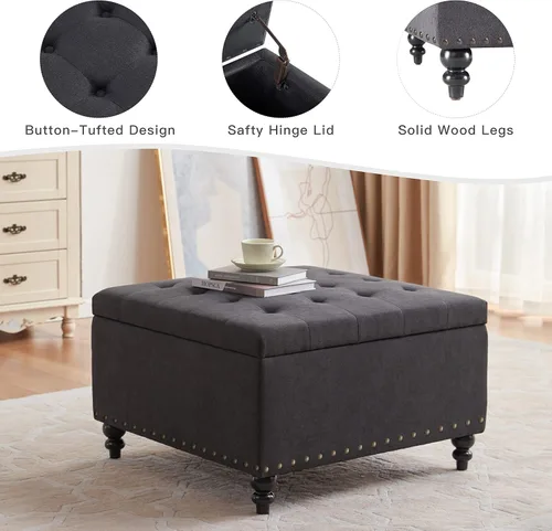 Vista 4 de HUIMO Otomana cuadrada con almacenamiento, mesa de café otomana grande para sala de estar (Gris oscuro)