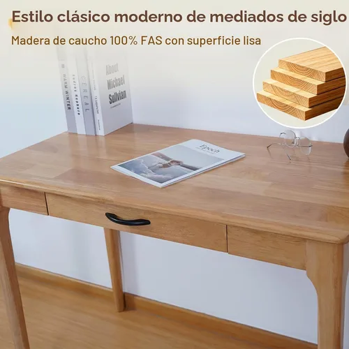 Vista 4 de Escritorio de madera maciza con cajones, escritorio de computadora de madera para oficina en casa, escritorio de estudio de juegos para espacios