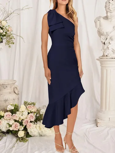 Vista 3 de ANRABESS Vestido formal midi de un hombro para mujer, sin mangas, ajustado, con volantes, vestido de sirena para invitada de boda