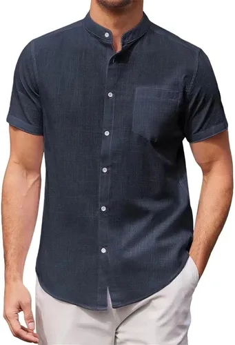 Vista 5 de Camisas de lino de algodón con cuello de banda, camisas casuales de manga corta con botones, ajuste delgado, para verano, playa, con bolsillo