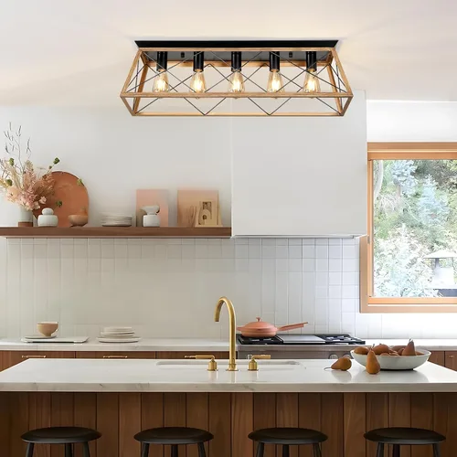 Vista 9 de 31.5" Flush Mount Ceiling Light Fixture, 5-Light Vintage Industrial Cage Chandelier for Dining Room, Kitchen Island, Living Room, Dimmable Semi