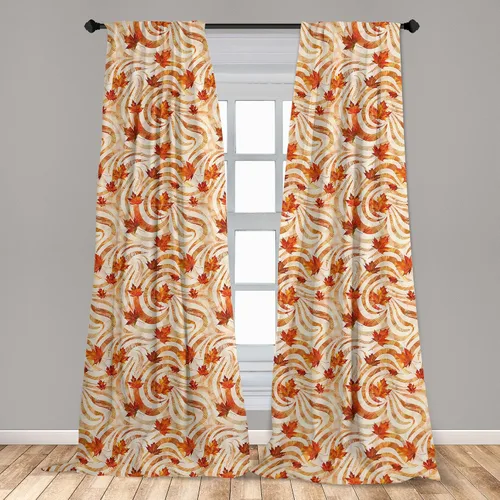 Vista 4 de Ambesonne Paquete de 2 cortinas otoñales para ventana, diseño otoñal con formas intrincadas en espiral y estampado de hojas voladoras, juego ligero