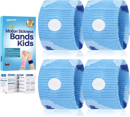 Vista 17 de Bandas contra el mareo por movimiento para niños, pulseras para alivio del mareo de viaje, bandas antináuseas para mareo matutino en automóvil y mar