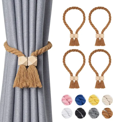 Vista 80 de NICEEC 2 Pack de Alzapaños Magnéticos de Madera en Forma de Cubo Boho para Decoración del Hogar, Alzapaños de Lino Tejidos a Mano para Cortinas Beige