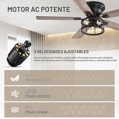 Vista 8 de Ventilador de techo rústico de granja de montaje empotrado de 52 pulgadas con luz y control remoto, motor AC reversible, 5 aspas de doble acabado