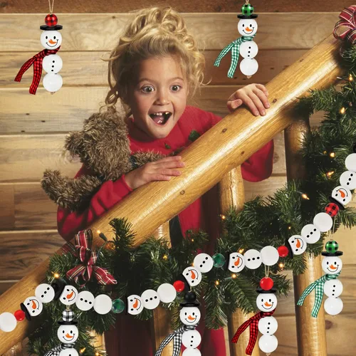 Vista 4 de 205 piezas de cuentas de madera para muñeco de nieve de Navidad para proyectos de manualidades, cuentas de madera natural pulida con cordón, adornos