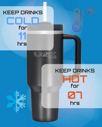 Vista 5 de Ask HydroQuench 2.0 - Vaso de viaje de acero inoxidable aislado con popote reutilizable y funda de silicona (40.0 fl oz), color negro