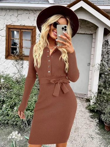 Vista 3 de Lynwitkui Vestido de suéter acanalado de manga larga con cuello en V para mujer, con botones y lazo en la cintura