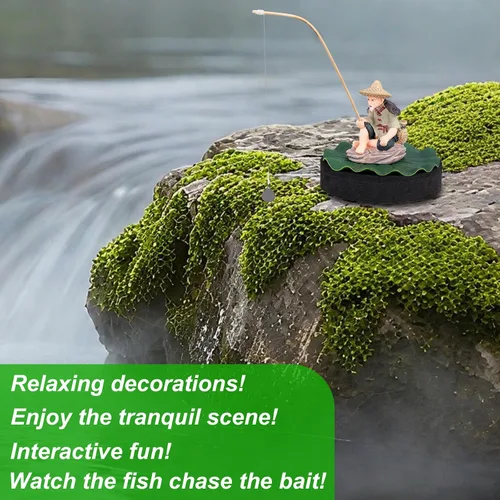 Vista 3 de Decoración flotante para pecera, figura de acuario de pescador con base de hoja de loto y caña de pescar divertido alimentador de peces estatua