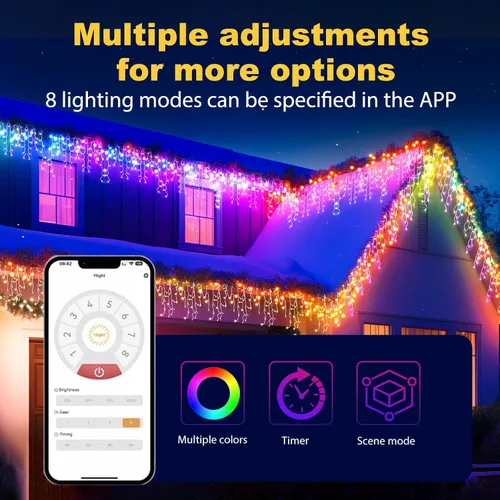 Vista 3 de Luces de Navidad de 131 pies para exteriores, 1680 luces LED impermeables con 8 modos, luz de cadena con aplicación y control remoto para Blanco