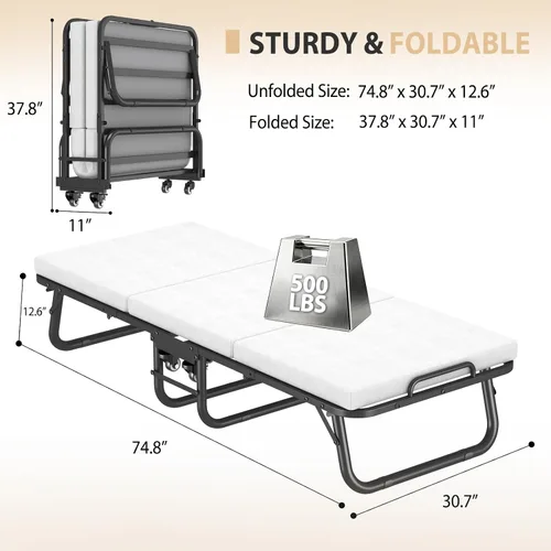 Vista 3 de Folding Bed with Mattress,Roll Away Beds with Mattresses for Adults 31"*75" Cot Foldable Guest Bed on Wheels, Portable Bed with Memory Foam