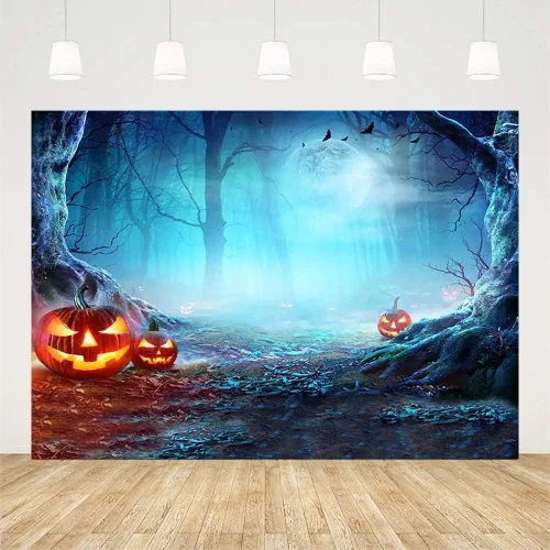 Vista 2 de SENDY Telón de fondo de Halloween de 7 x 5 pies para fotografía, noche de terror, decoración de fiesta de bosque aterrador, día de todos los santos