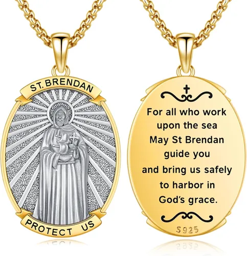 Vista 12 de Collar con colgante de amuleto de medalla de San de plata 10A-St Michael Oval