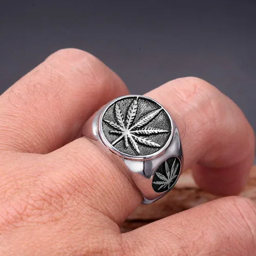 Vista 7 de SAINTHERO Anillo vintage de acero inoxidable para hombre diseño de marihuana cannabis símbolo de hojas de roca punk hip hop joyería talla 7-15