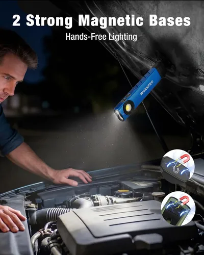 Vista 5 de WORKPRO linterna recargable de trabajo, linterna de bolsillo plana de 600 lúmenes con luz UV, base magnética y clip, linterna LED EDC delgada