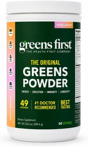 Vista 17 de Greens First Original Greens en polvo, menta, 30 porciones 49 superalimentos, frutas y verduras orgánicas, prebióticos, probióticos y enzimas
